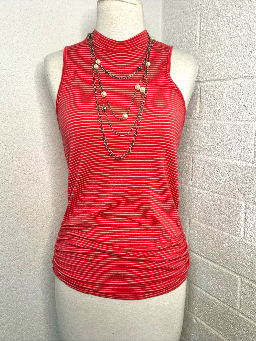 Y2k Barbie Core Striped, Mock Neck Tank Top, Coral Pink, Ruched Side Hem